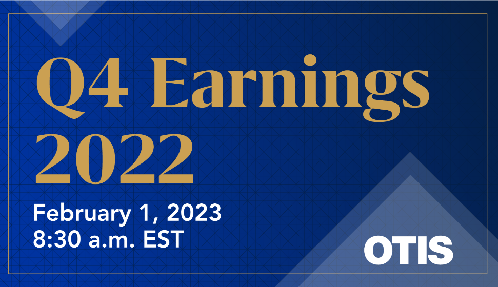 Otis logo on navy background says earnings advisory February 1, 2023 8:30am EST